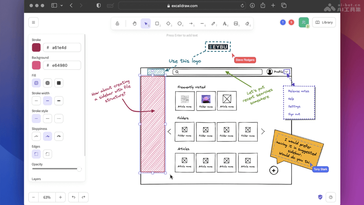 Excalidraw  开源的在线白板工具，手绘风格实时协作